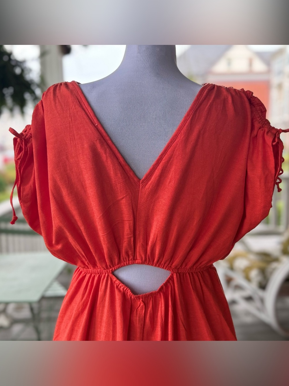 Sincerely Jules Coral‑Red Linen Maxi Dress w/ Center Cutout – Sz M - Picture 6 of 8